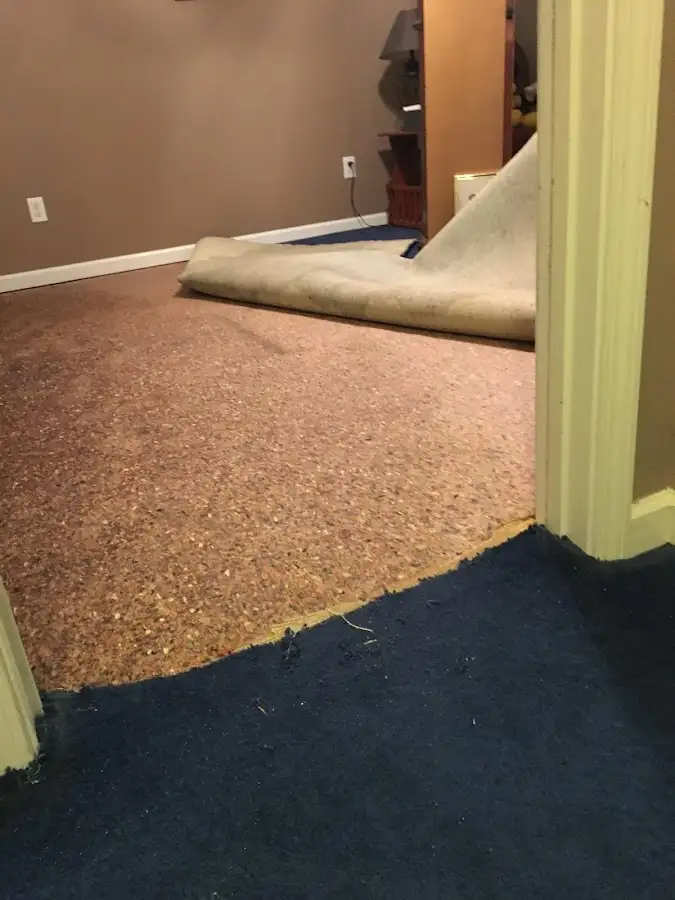 Carpet pad removal revealing water damage during Water Mitigation Services in Ocean City